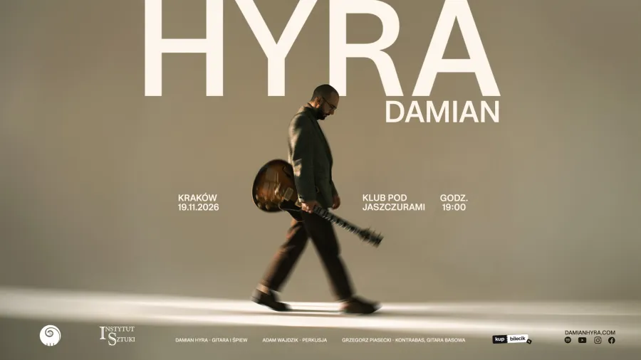 Plakat koncertu Damiana Hyry w Krakowie, data i miejsce wydarzenia.