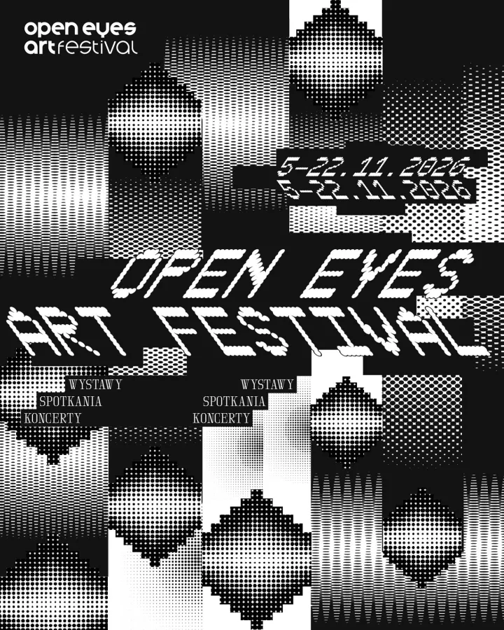 Plakat festiwalu Open Eyes z datami, informacjami o wystawach i koncertach.