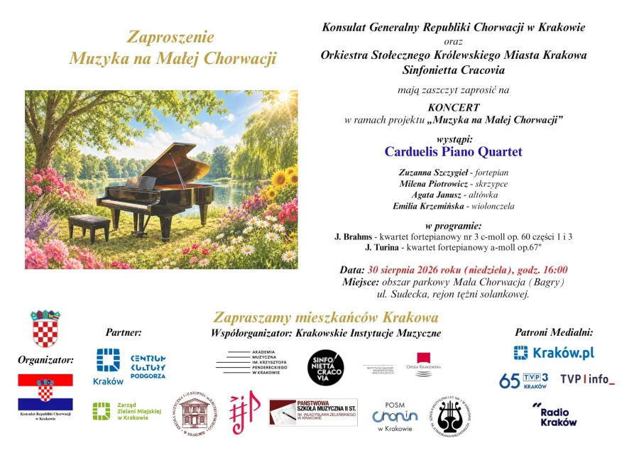 Zaproszenie na koncert Carduelis Piano Quartet w Krakowie, 3 września 2026, godz. 16:00.
