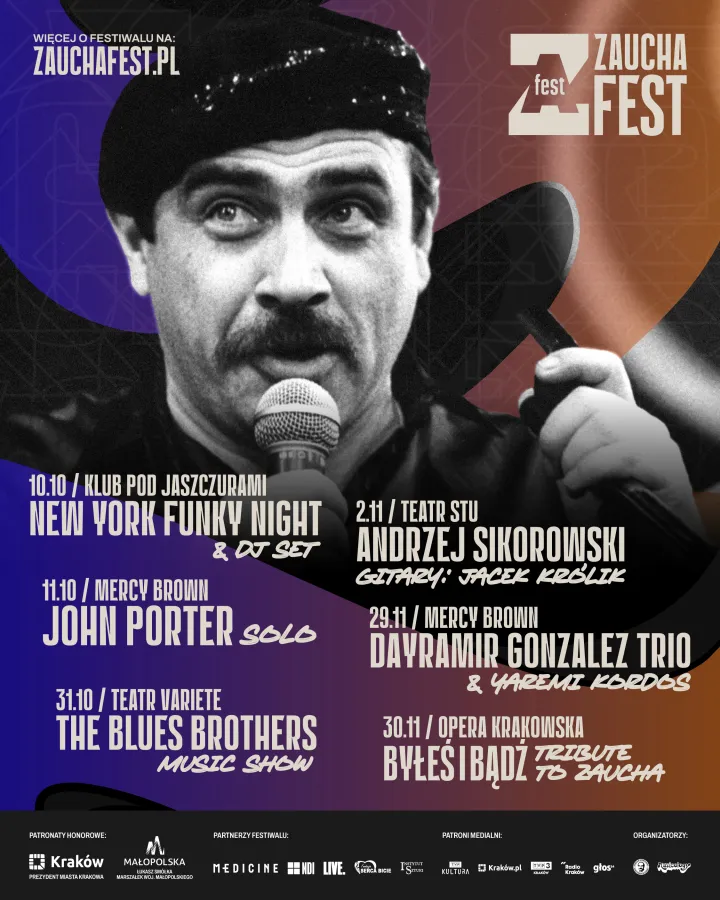 Plakat festiwalu Zaucha Fest z datami i nazwiskami artystów oraz programem wydarzeń.