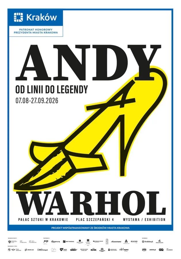 Plakat wystawy Andy Warhol w Krakowie z datami i lokalizacją.