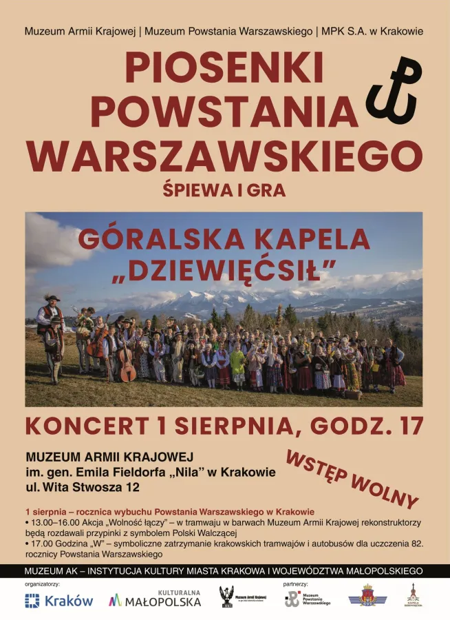 Plakat promujący koncert Piosenki Powstania Warszawskiego, Góralska Kapela "Dziewięciś". Wstęp wolny.