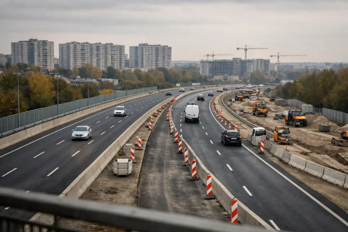 Miejska ulica w Krakowie z oznakowaniem drogowym i ograniczeniem prędkości w jesienny dzień