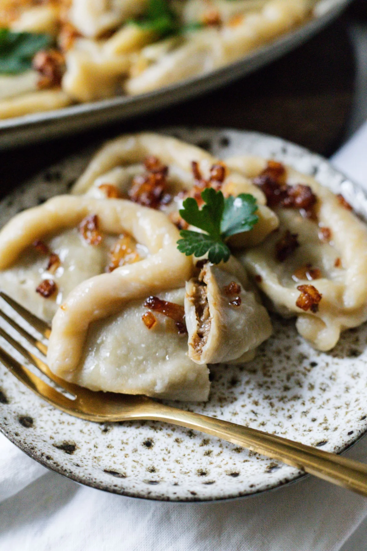 A plate of Polish pierogi with fried onions