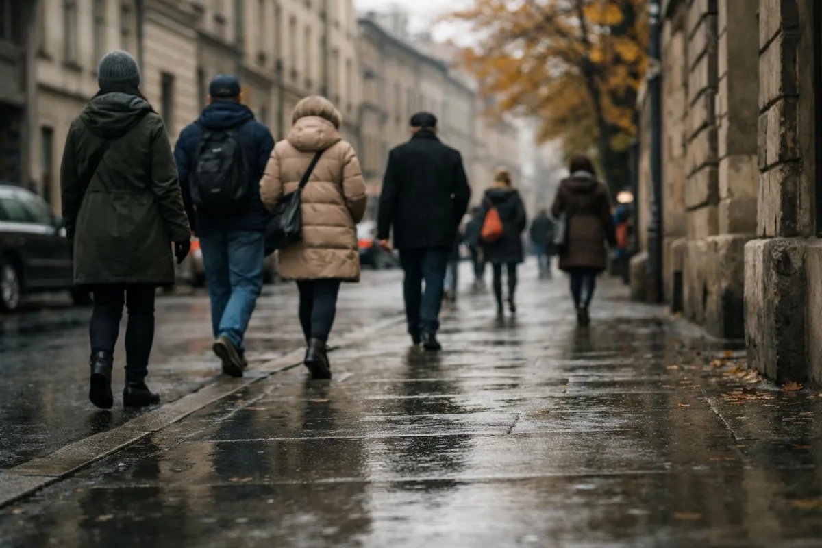 Przechodnie w jesiennych płaszczach na chodniku w Krakowie w pochmurny, chłodny dzień.