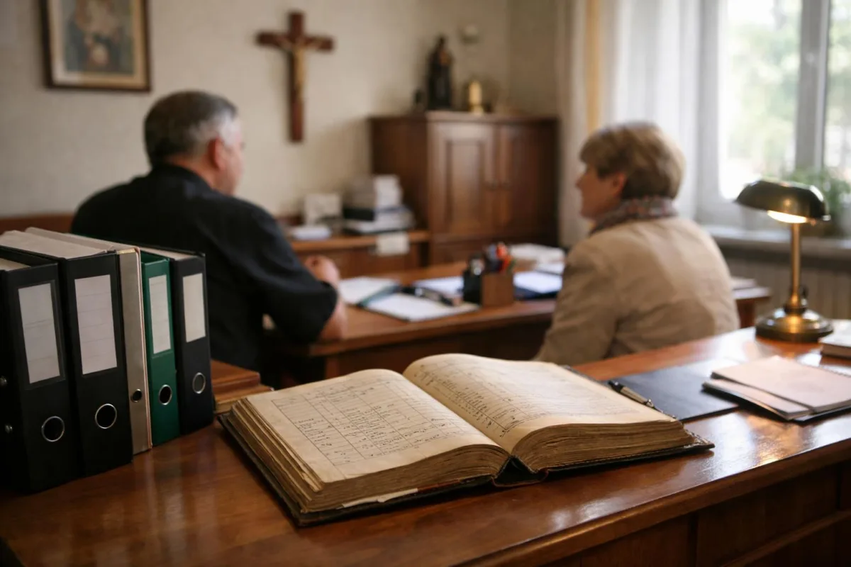 Drewniane biurko w kancelarii parafialnej z segregatorami i grubą księgą oświetloną światłem z okna