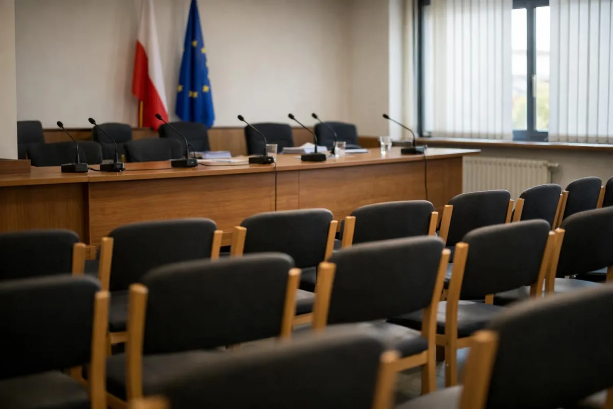 Anonimowe wnętrze sali posiedzeń z rzędami krzeseł i stołem z mikrofonami w jasnym świetle dziennym.