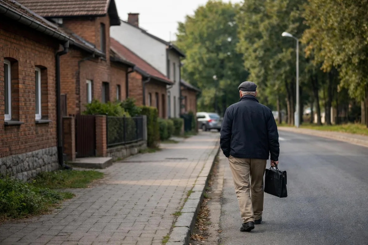 Spokojna uliczka małego miasteczka z ceglanymi domami i przechodniem na chodniku