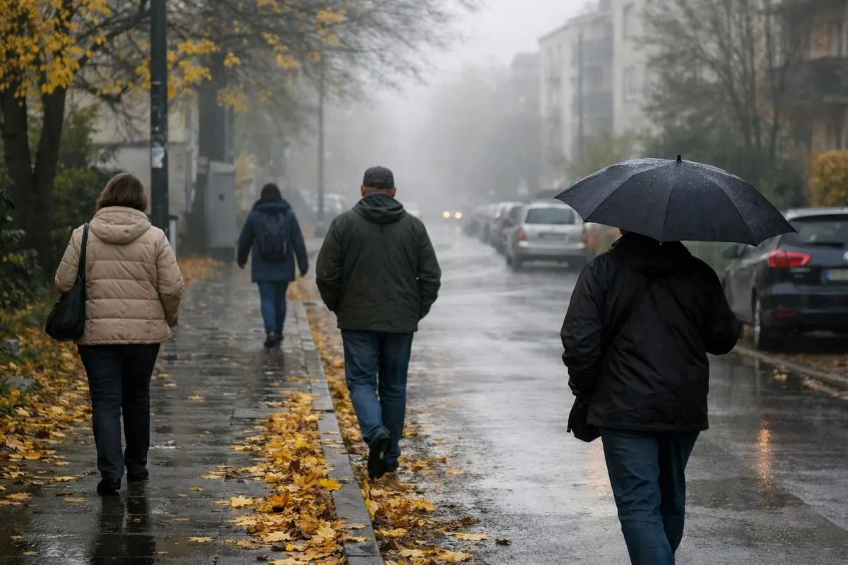 Jesienny poranek na osiedlowej ulicy w Krakowie, mokry chodnik, opadłe liście i przechodnie w kurtkach