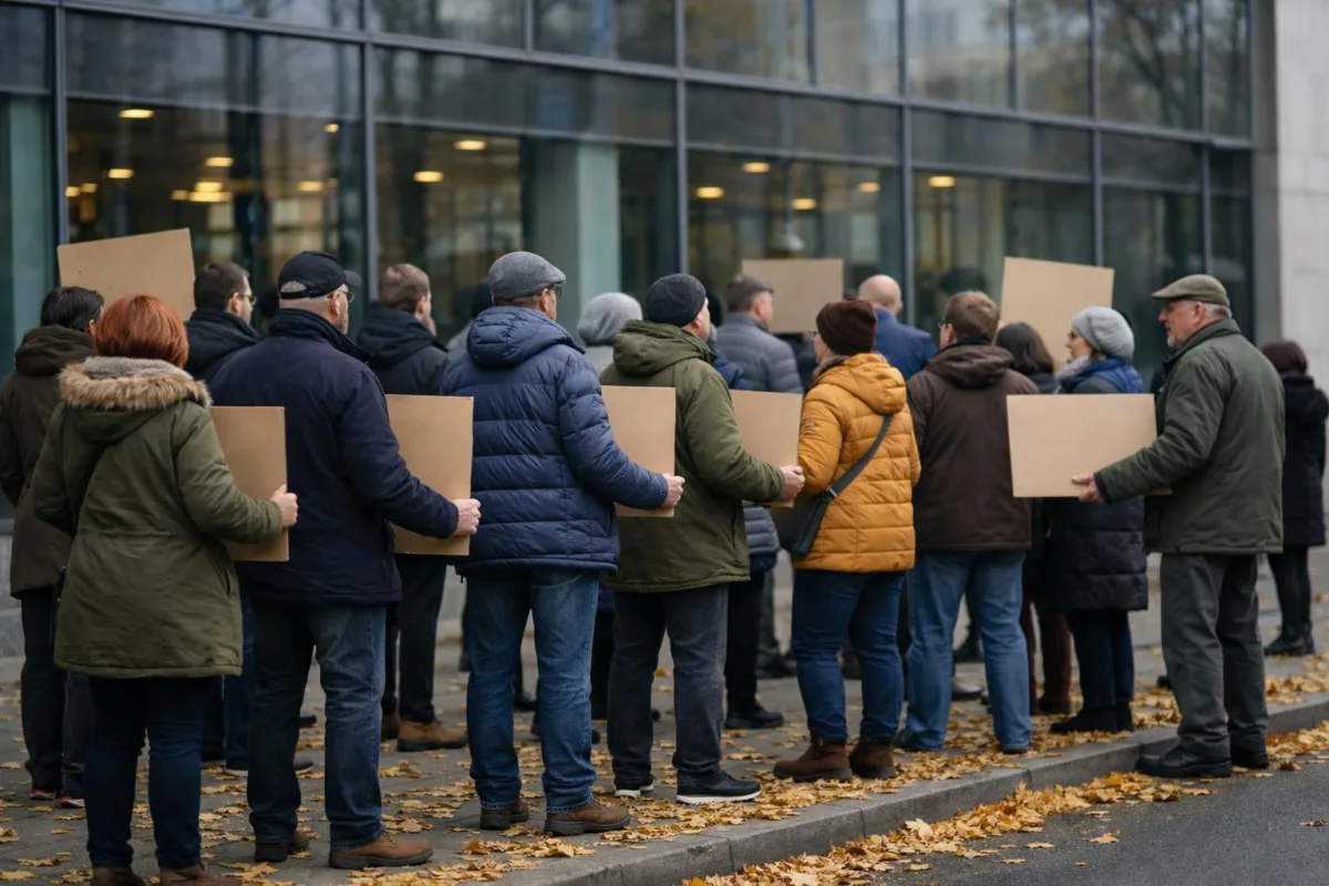 Mieszkańcy z transparentami na chodniku przed budynkiem biurowym podczas jesiennego protestu