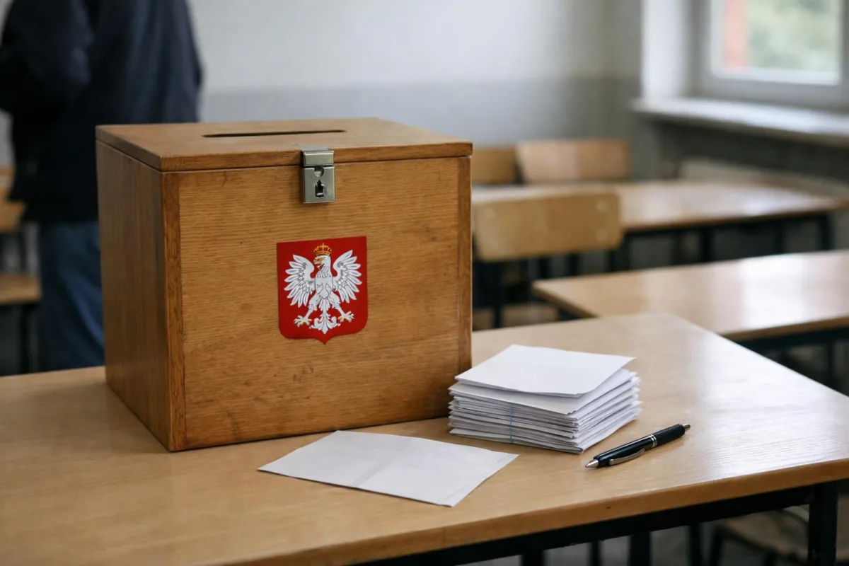 Urna wyborcza i karty do głosowania na stole w sali wyborczej w Krakowie